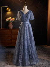Blue Tulle Sequins V-neck Short Sleeve Prom Dress